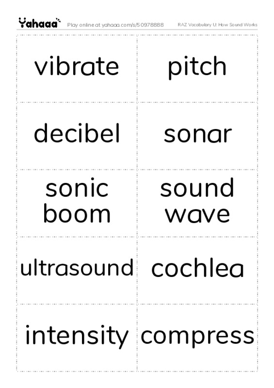 RAZ Vocabulary U: How Sound Works PDF two columns flashcards