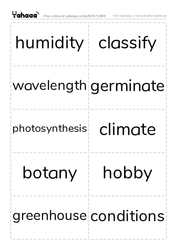 RAZ Vocabulary U: How to Build a Greenhouse PDF two columns flashcards