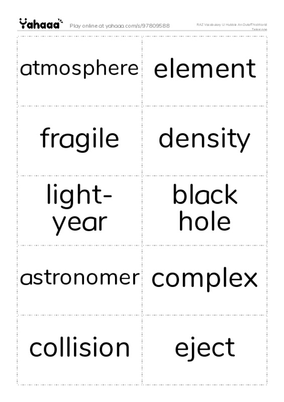 RAZ Vocabulary U: Hubble An OutofThisWorld Telescope PDF two columns flashcards