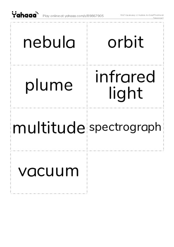 RAZ Vocabulary U: Hubble An OutofThisWorld Telescope2 PDF two columns flashcards