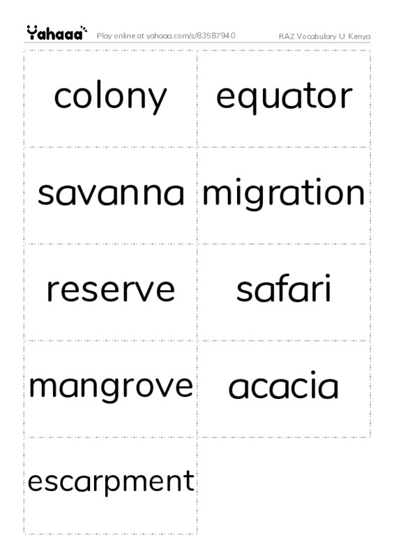 RAZ Vocabulary U: Kenya PDF two columns flashcards