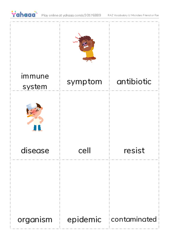 RAZ Vocabulary U: Microbes Friend or Foe PDF flaschards with images
