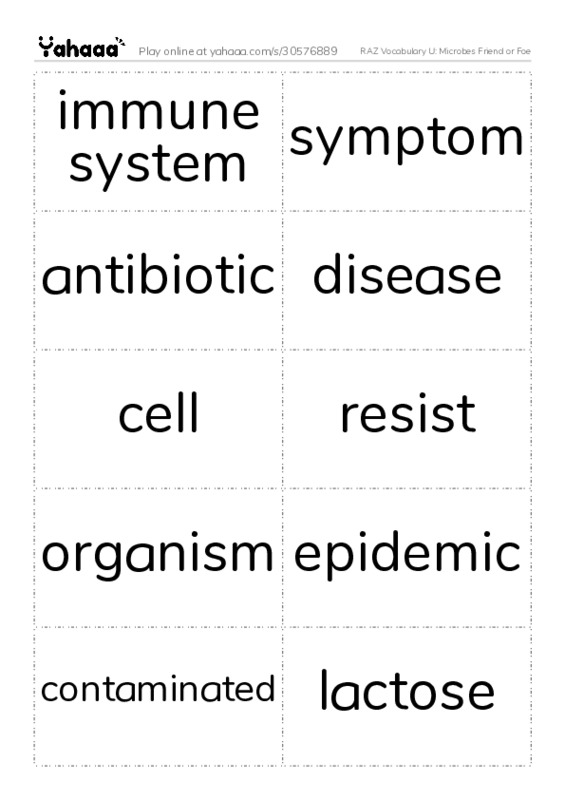 RAZ Vocabulary U: Microbes Friend or Foe PDF two columns flashcards