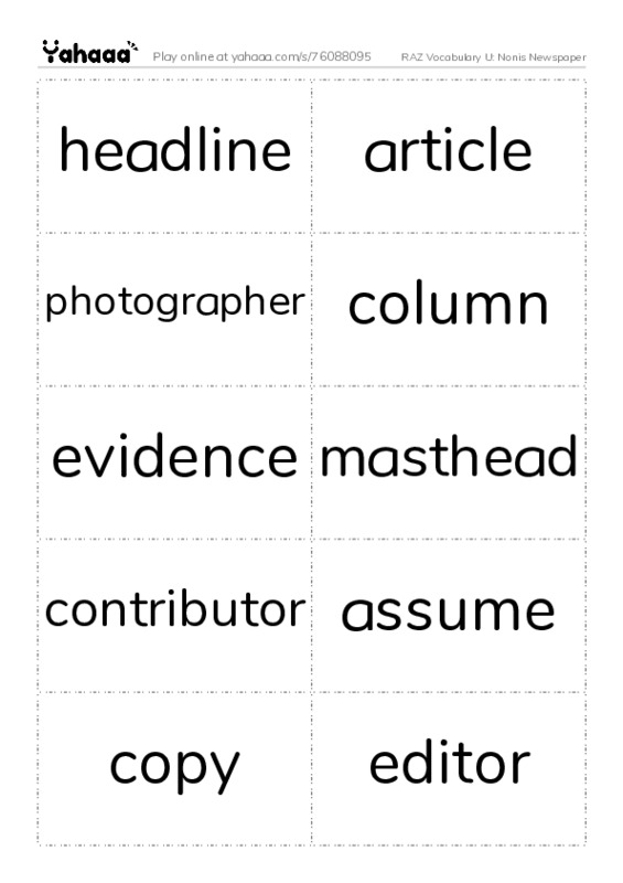 RAZ Vocabulary U: Nonis Newspaper PDF two columns flashcards