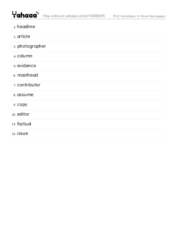 RAZ Vocabulary U: Nonis Newspaper PDF words glossary