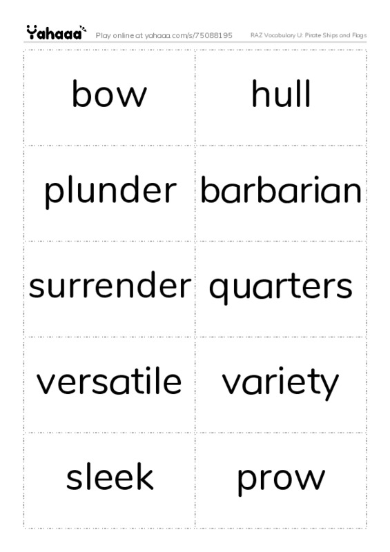 RAZ Vocabulary U: Pirate Ships and Flags PDF two columns flashcards