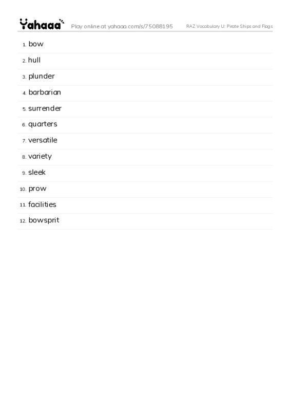 RAZ Vocabulary U: Pirate Ships and Flags PDF words glossary