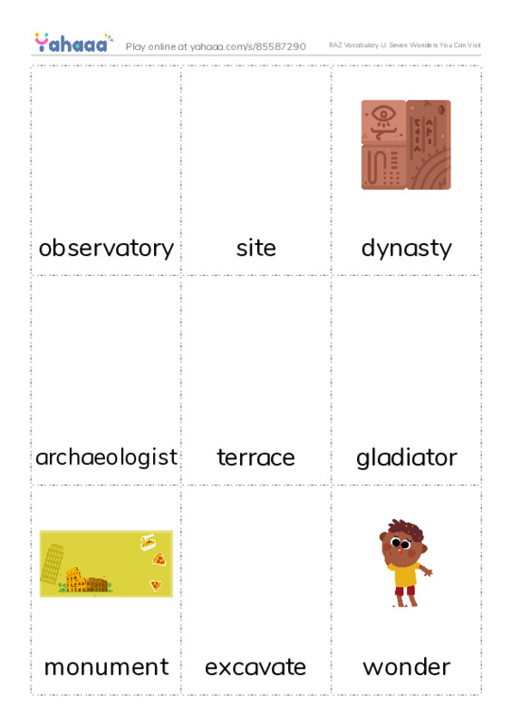 RAZ Vocabulary U: Seven Wonders You Can Visit PDF flaschards with images