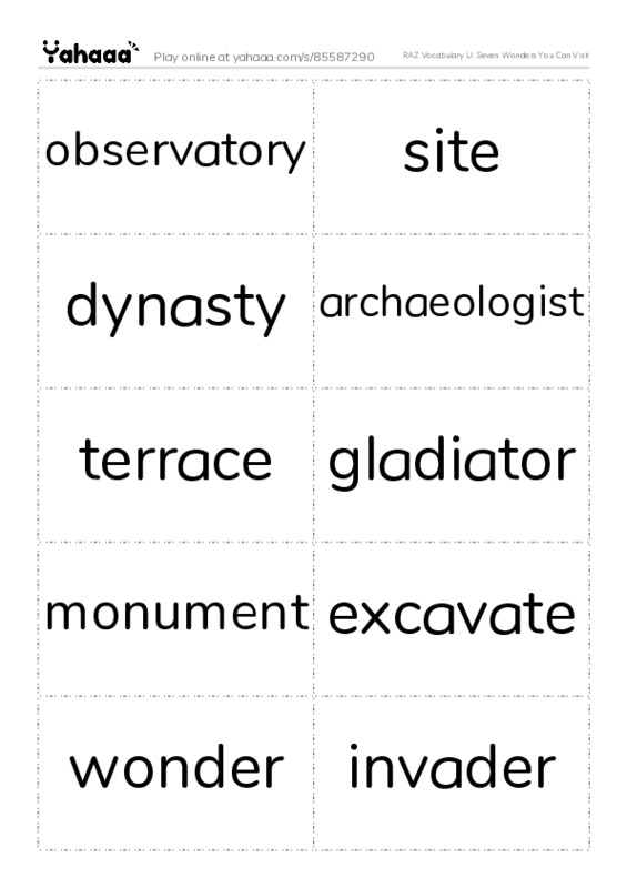 RAZ Vocabulary U: Seven Wonders You Can Visit PDF two columns flashcards