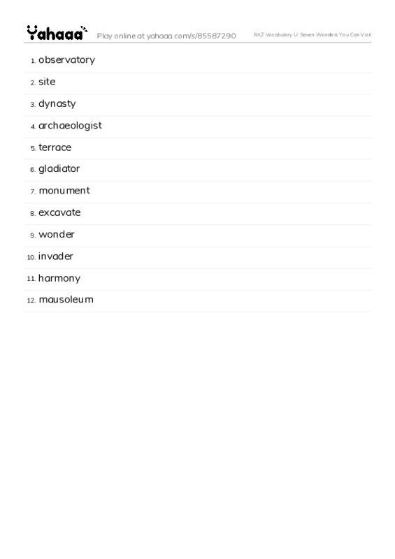 RAZ Vocabulary U: Seven Wonders You Can Visit PDF words glossary