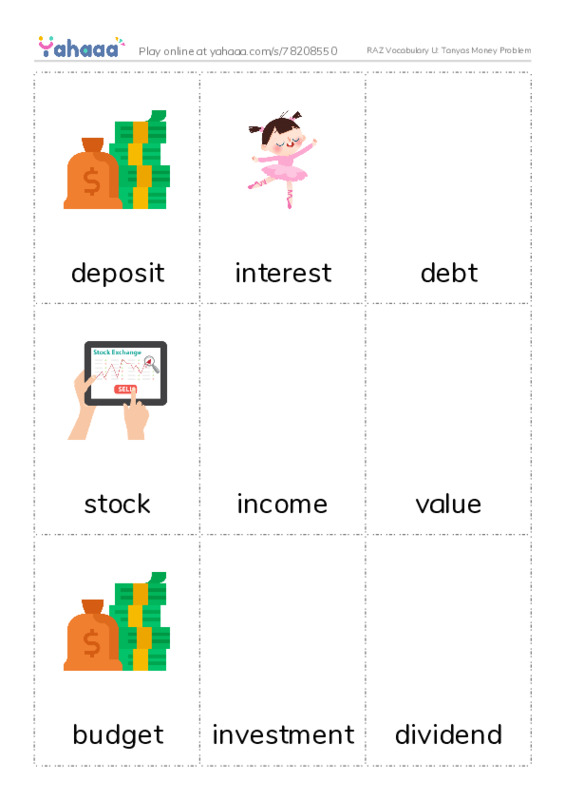 RAZ Vocabulary U: Tanyas Money Problem PDF flaschards with images