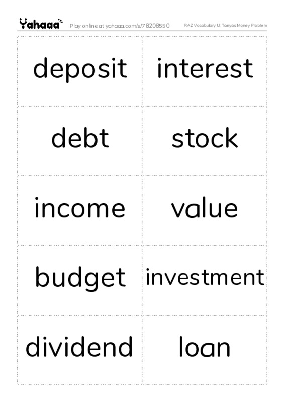 RAZ Vocabulary U: Tanyas Money Problem PDF two columns flashcards