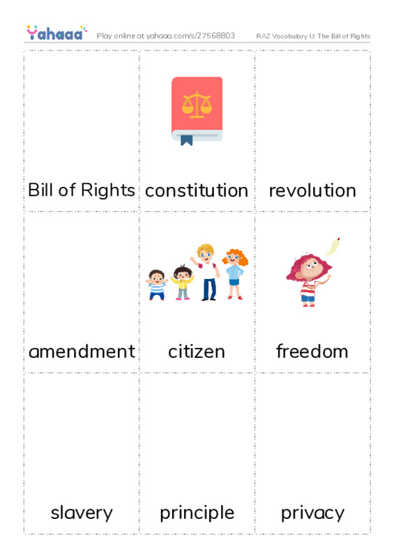 RAZ Vocabulary U: The Bill of Rights PDF flaschards with images
