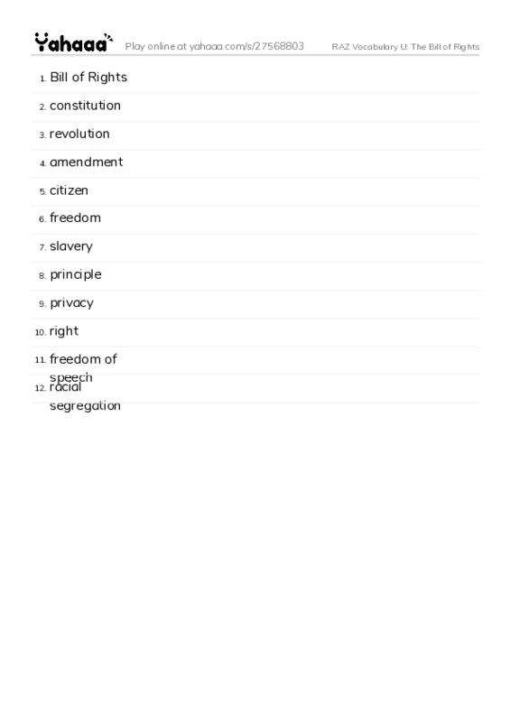 RAZ Vocabulary U: The Bill of Rights PDF words glossary