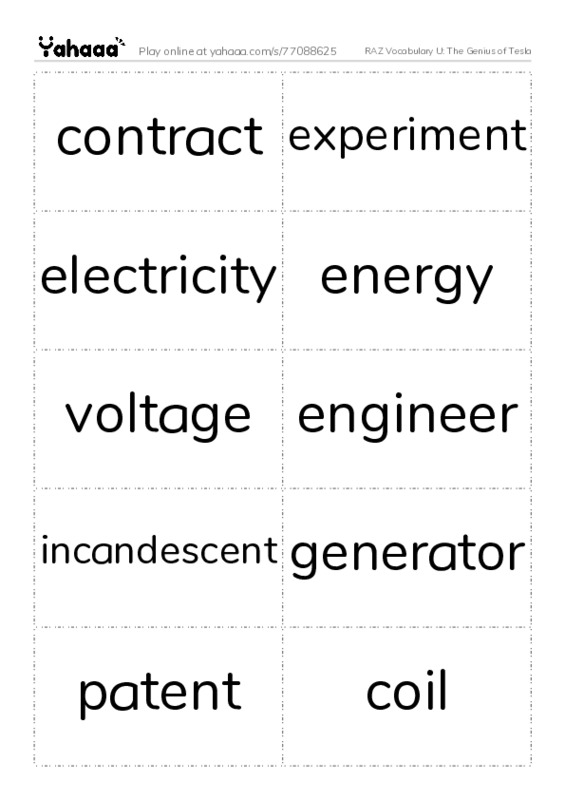 RAZ Vocabulary U: The Genius of Tesla PDF two columns flashcards