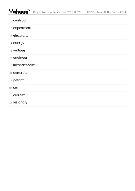 RAZ Vocabulary U: The Genius of Tesla PDF words glossary