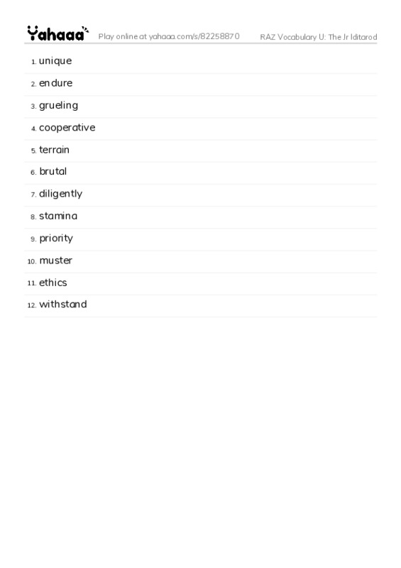 RAZ Vocabulary U: The Jr Iditarod PDF words glossary