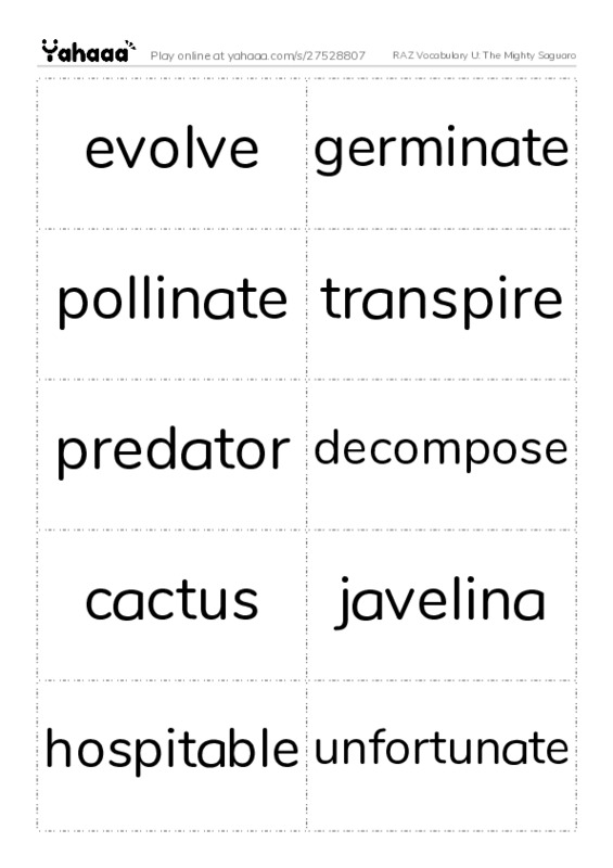 RAZ Vocabulary U: The Mighty Saguaro PDF two columns flashcards