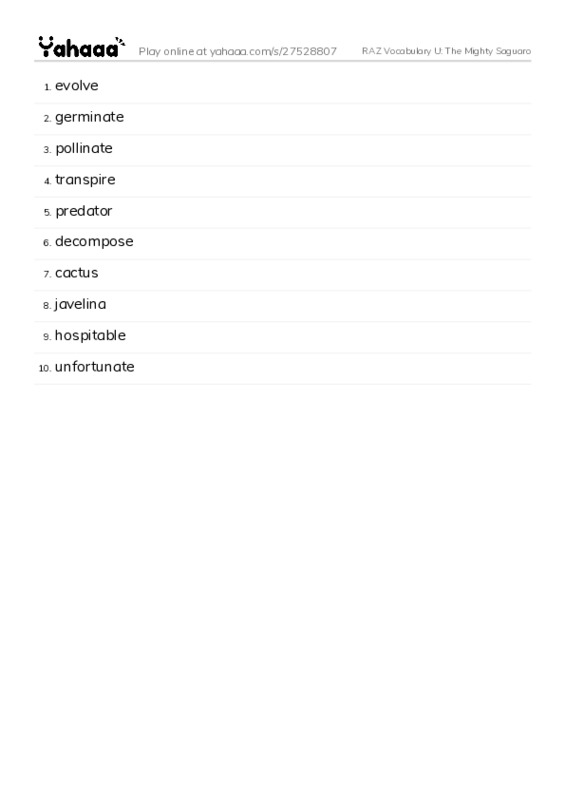 RAZ Vocabulary U: The Mighty Saguaro PDF words glossary