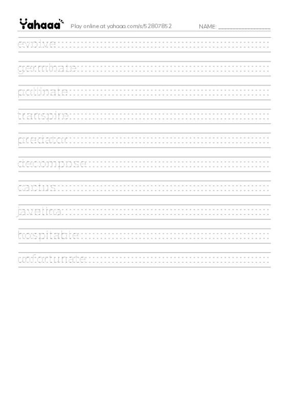 RAZ Vocabulary U: The Mighty Saguaro PDF write between the lines worksheet