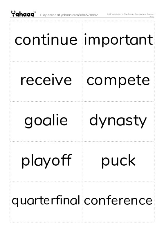 RAZ Vocabulary U: The Stanley Cup Hockeys Greatest Prize PDF two columns flashcards