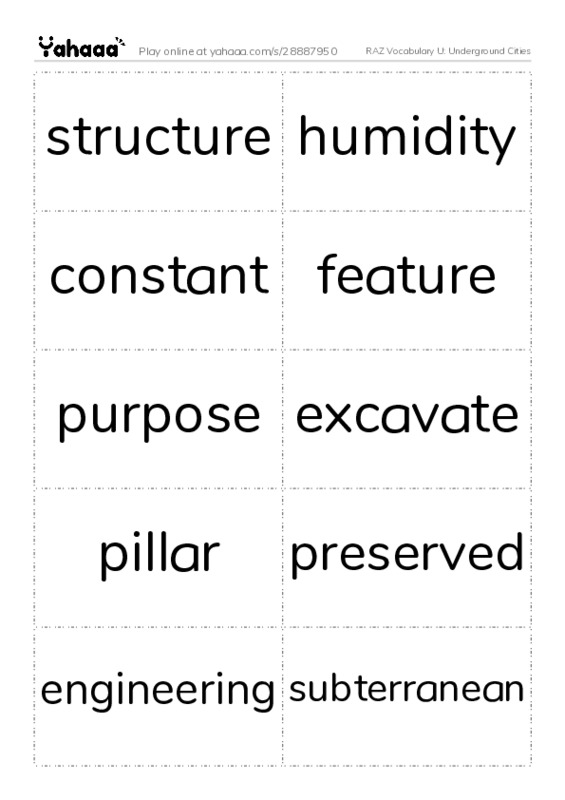 RAZ Vocabulary U: Underground Cities PDF two columns flashcards