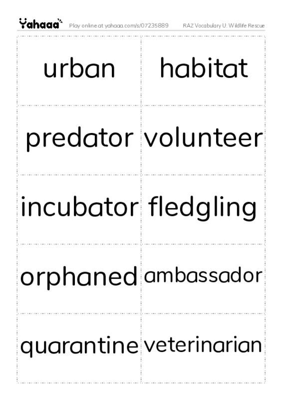 RAZ Vocabulary U: Wildlife Rescue PDF two columns flashcards