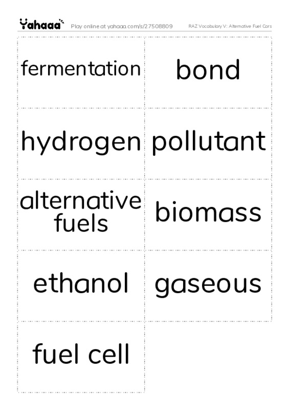 RAZ Vocabulary V: Alternative Fuel Cars PDF two columns flashcards