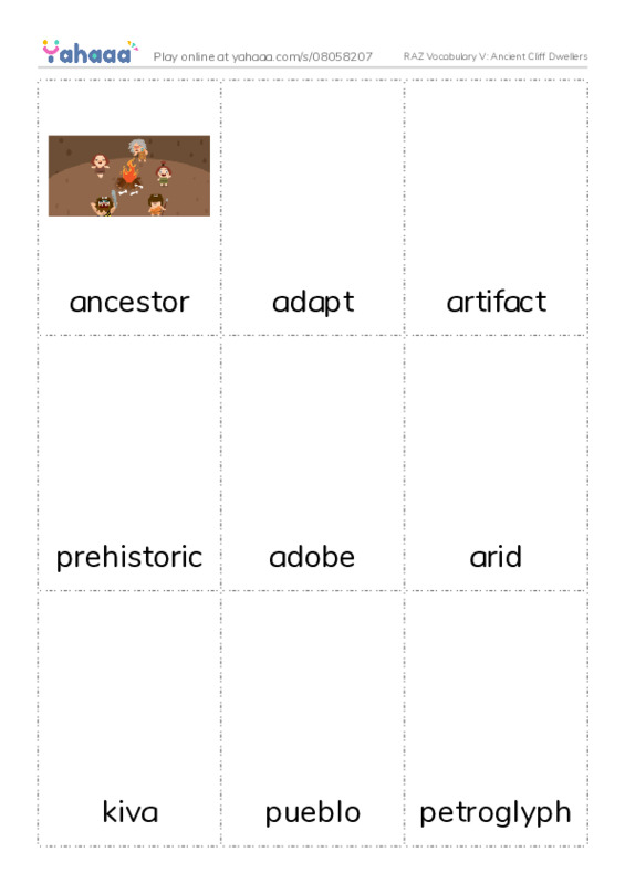 RAZ Vocabulary V: Ancient Cliff Dwellers PDF flaschards with images