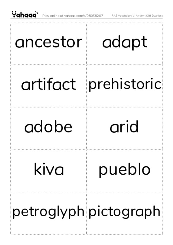 RAZ Vocabulary V: Ancient Cliff Dwellers PDF two columns flashcards