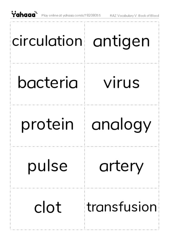 RAZ Vocabulary V: Book of Blood PDF two columns flashcards