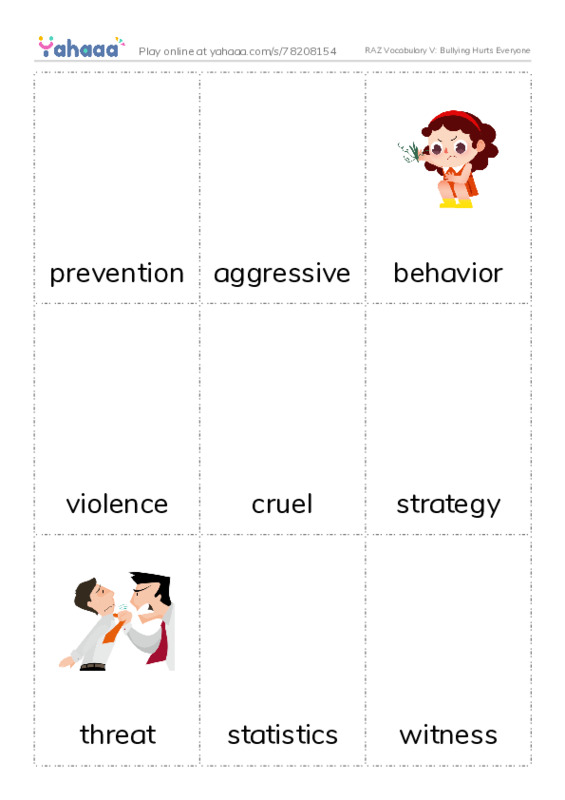 RAZ Vocabulary V: Bullying Hurts Everyone PDF flaschards with images