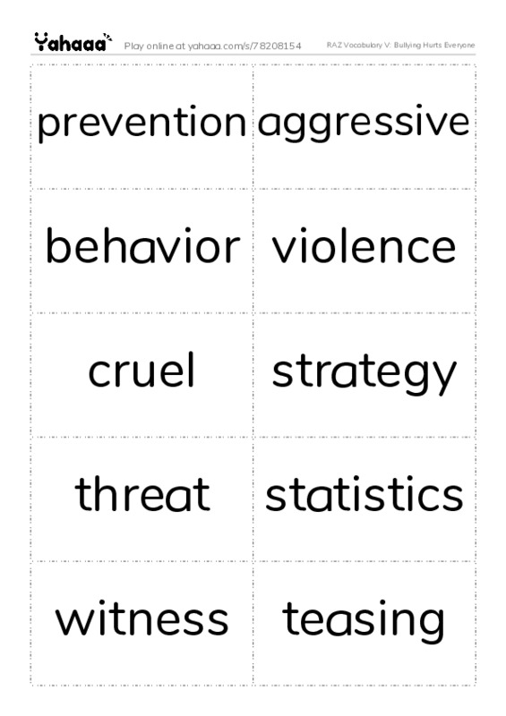 RAZ Vocabulary V: Bullying Hurts Everyone PDF two columns flashcards