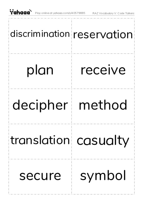 RAZ Vocabulary V: Code Talkers PDF two columns flashcards