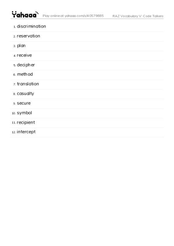 RAZ Vocabulary V: Code Talkers PDF words glossary