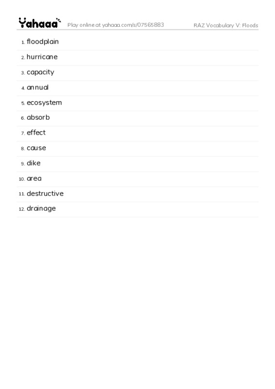 RAZ Vocabulary V: Floods PDF words glossary