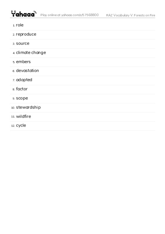RAZ Vocabulary V: Forests on Fire PDF words glossary