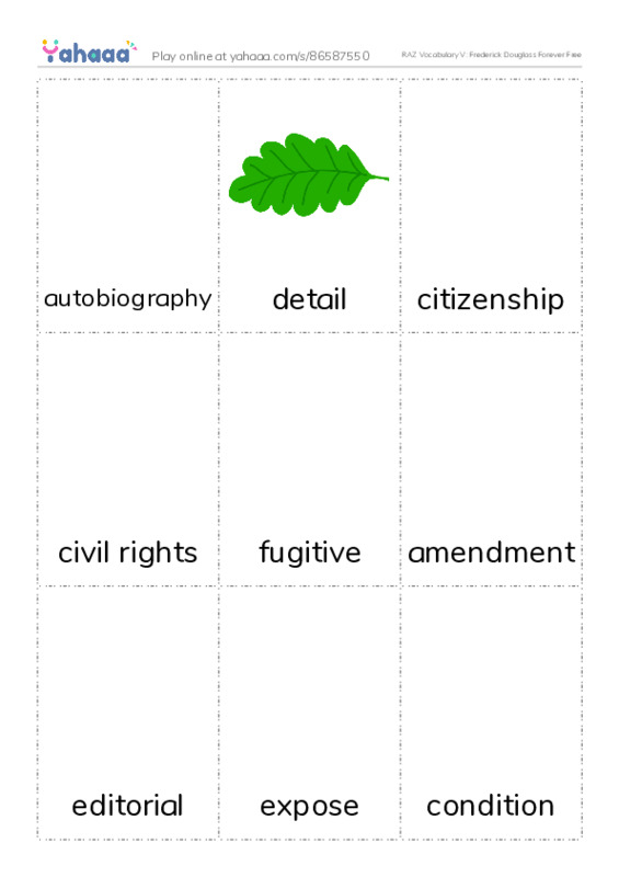 RAZ Vocabulary V: Frederick Douglass Forever Free PDF flaschards with images