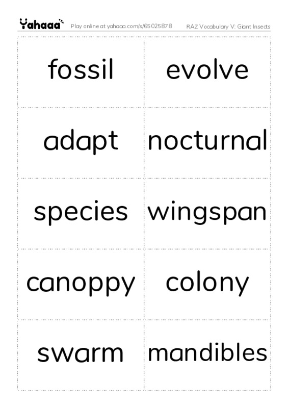 RAZ Vocabulary V: Giant Insects PDF two columns flashcards