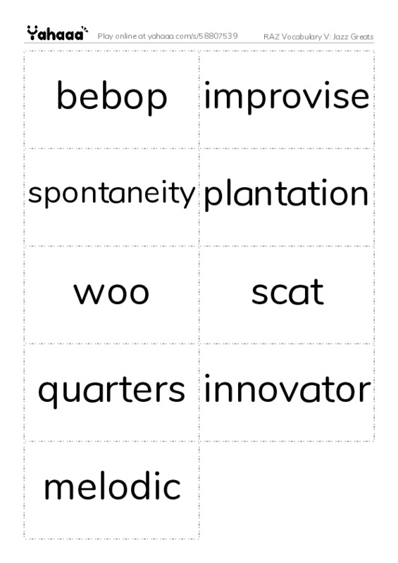 RAZ Vocabulary V: Jazz Greats PDF two columns flashcards