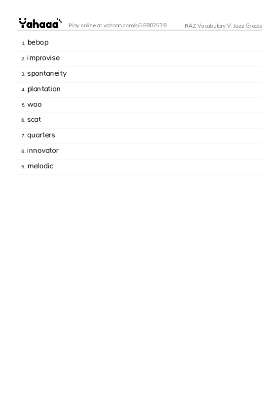 RAZ Vocabulary V: Jazz Greats PDF words glossary
