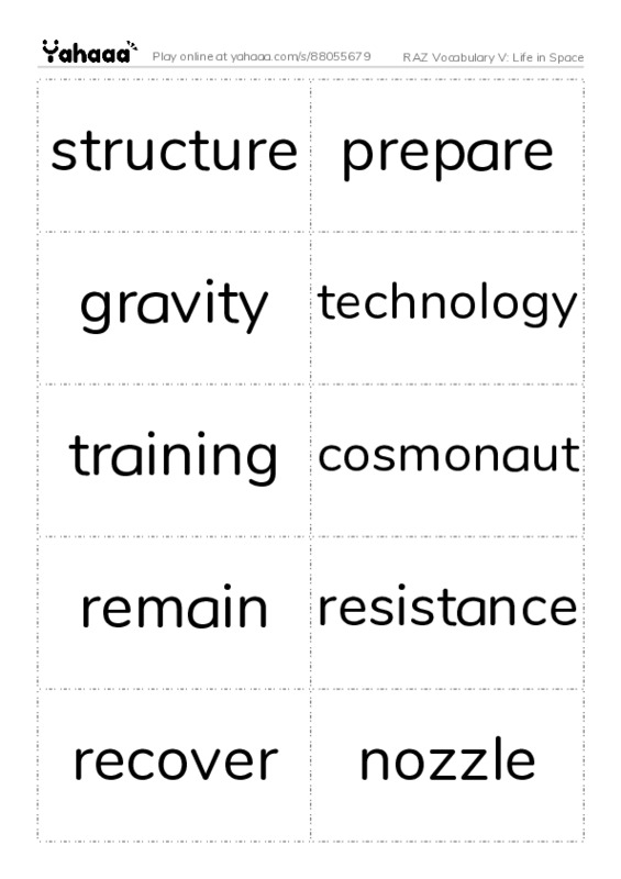 RAZ Vocabulary V: Life in Space PDF two columns flashcards