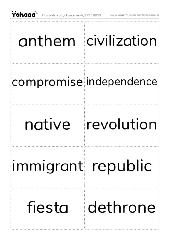 RAZ Vocabulary V: Mexicos Fight for Independence PDF two columns flashcards