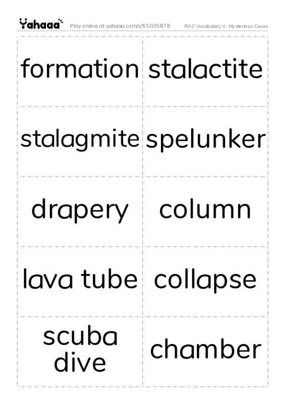 RAZ Vocabulary V: Mysterious Caves PDF two columns flashcards
