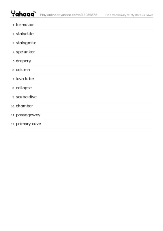 RAZ Vocabulary V: Mysterious Caves PDF words glossary