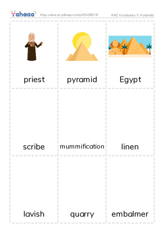 RAZ Vocabulary V: Pyramids PDF flaschards with images