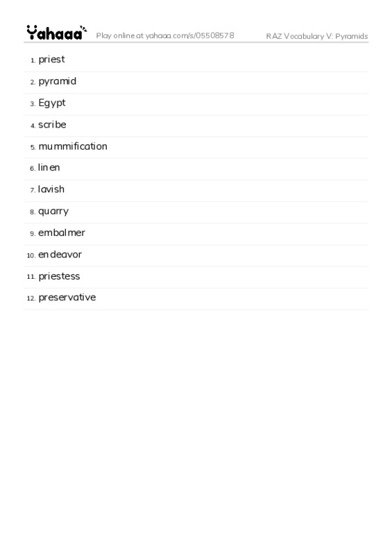 RAZ Vocabulary V: Pyramids PDF words glossary