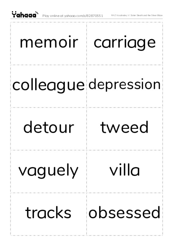 RAZ Vocabulary V: Sister Sleuth and the Silver Blaze PDF two columns flashcards