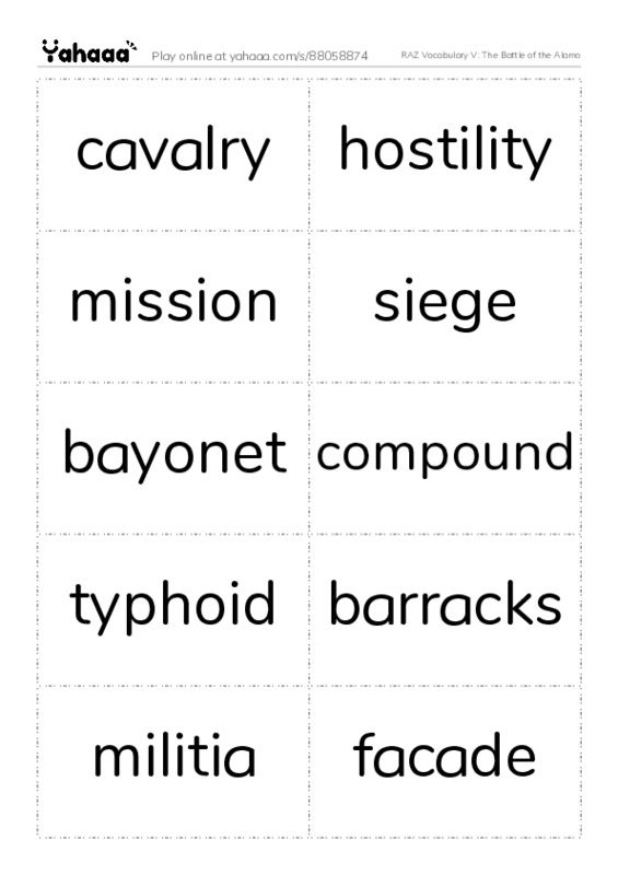 RAZ Vocabulary V: The Battle of the Alamo PDF two columns flashcards
