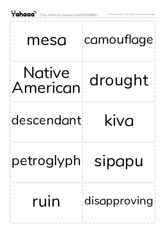 RAZ Vocabulary V: The Case of the Vanishing Anasazi PDF two columns flashcards